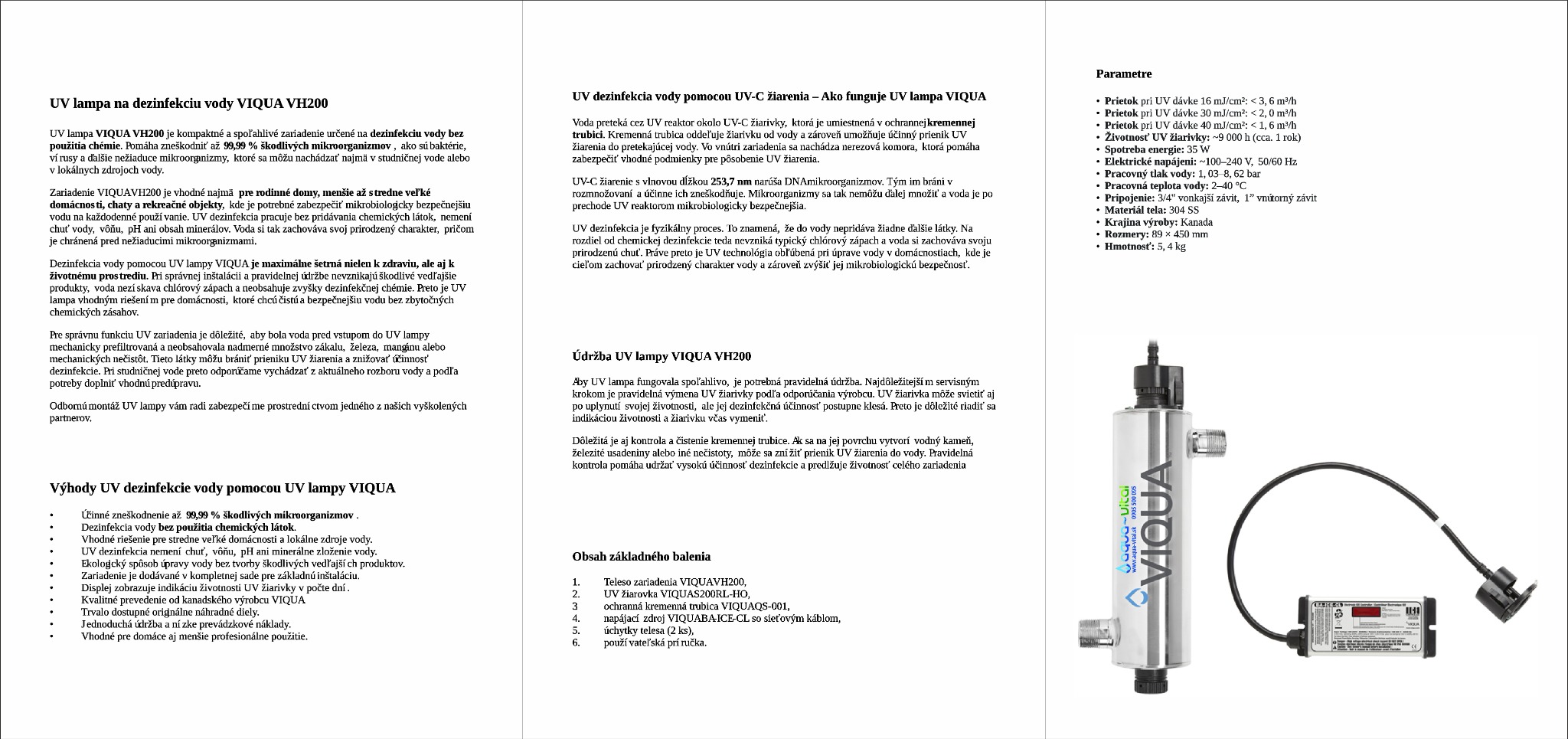Produktový materiál – UV lampa VIQUA VH200 na dezinfekciu vody